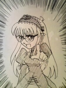 Rating: Safe Score: 0 Tags: 1girl :d bonnet dress glasses image index_finger_raised long_hair long_sleeves looking_at_viewer monochrome open_mouth pointing pointing_at_viewer shinku simple_background solo suigintou traditional_media white_background User: admin