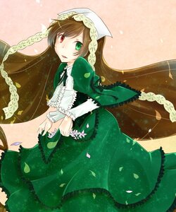 Rating: Safe Score: 0 Tags: 1girl brown_hair dress frills green_dress green_eyes head_scarf heterochromia image long_hair long_sleeves looking_at_viewer petals red_eyes solo suiseiseki very_long_hair User: admin