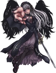 Rating: Safe Score: 0 Tags: 1girl black_legwear black_wings dress flower frills full_body hairband holding holding_weapon image long_hair long_sleeves looking_at_viewer outstretched_arm outstretched_hand pointing rose silver_hair solo standing suigintou sword thighhighs weapon wings User: admin