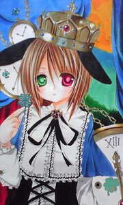 Rating: Safe Score: 0 Tags: 1girl chain clock dress expressionless frills green_eyes hat heterochromia image long_sleeves looking_at_viewer red_eyes ribbon short_hair solo souseiseki suiseiseki traditional_media upper_body User: admin
