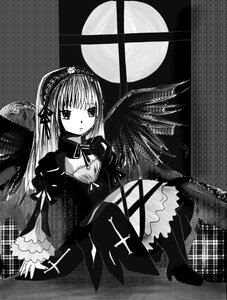 Rating: Safe Score: 0 Tags: 1girl boots dress flower frills full_moon greyscale hairband high_heels image long_hair long_sleeves looking_at_viewer monochrome moon night sitting sky solo suigintou wings User: admin