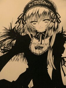 Rating: Safe Score: 0 Tags: 1girl bangs closed_mouth dress frills hairband image long_hair long_sleeves looking_at_viewer monochrome photo ribbon simple_background smile solo suigintou traditional_media upper_body User: admin