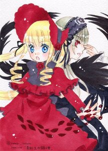 Rating: Safe Score: 0 Tags: 2girls black_wings blonde_hair blue_eyes blush bonnet bow dress drill_hair flower hat image long_hair long_sleeves looking_at_viewer looking_back multiple_girls open_mouth pair red_dress red_eyes rose shinku sidelocks suigintou traditional_media twin_drills twintails wings User: admin