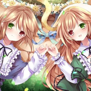 Rating: Safe Score: 0 Tags: 2girls blush brown_hair dress flower green_dress green_eyes hat heterochromia holding_hands image long_hair multiple_girls open_mouth pair red_eyes ribbon short_hair siblings sisters smile souseiseki suiseiseki tears twins User: admin