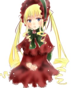 Rating: Safe Score: 0 Tags: 1girl blonde_hair blue_eyes blush bonnet bow bowtie capelet cowboy_shot dress drill_hair green_bow green_neckwear image long_hair long_sleeves looking_at_viewer shinku simple_background solo twintails v_arms white_background User: admin