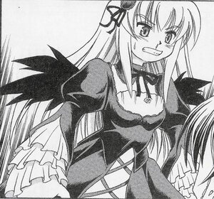 Rating: Safe Score: 0 Tags: 1girl black_wings blush dress frills greyscale hairband image long_hair long_sleeves monochrome polka_dot solo suigintou teeth wings User: admin