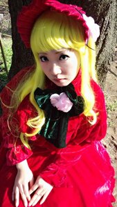 Rating: Safe Score: 0 Tags: 1girl bangs blonde_hair blue_eyes bonnet dress flower lips long_hair red_dress rose shinku solo upper_body User: admin