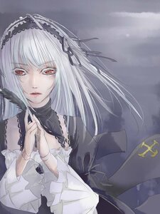 Rating: Safe Score: 0 Tags: 1girl bangs black_ribbon dress frills grey_background hairband holding image long_hair long_sleeves looking_at_viewer red_eyes ribbon solo suigintou upper_body User: admin