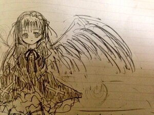 Rating: Safe Score: 0 Tags: 1girl dress feathered_wings frills image long_hair long_sleeves looking_at_viewer monochrome ribbon solo suigintou wings User: admin