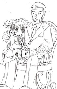 Rating: Safe Score: 0 Tags: 1boy 1girl blush chair dress facial_hair greyscale image long_sleeves maid monochrome necktie old_man shinku sitting solo twintails User: admin