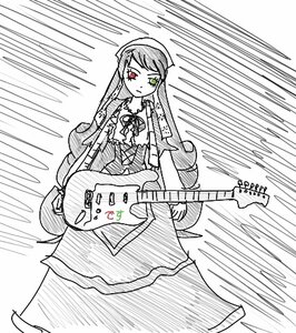 Rating: Safe Score: 0 Tags: 1girl bass_guitar dress electric_guitar emphasis_lines green_eyes guitar heterochromia holding_instrument image instrument long_hair looking_at_viewer monochrome playing_instrument plectrum red_eyes solo spot_color suiseiseki User: admin