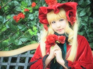 Rating: Safe Score: 0 Tags: 1girl blonde_hair blue_eyes bonnet dress flower lips long_hair red_dress red_flower red_rose rose shinku solo traditional_media upper_body User: admin