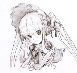 Rating: Safe Score: 0 Tags: 1girl blush bonnet bow bowtie drill_hair flower graphite_(medium) greyscale image long_hair looking_at_viewer monochrome rose shinku sidelocks simple_background solo striped traditional_media twin_drills upper_body white_background User: admin