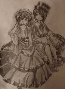 Rating: Safe Score: 0 Tags: 2girls bangs dress frills hat image long_hair long_sleeves monochrome multiple_girls pair siblings souseiseki suiseiseki top_hat User: admin