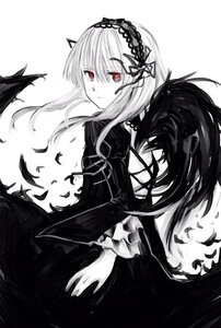 Rating: Safe Score: 0 Tags: 1girl auto_tagged closed_mouth dress frilled_sleeves frills hairband image long_hair long_sleeves looking_at_viewer monochrome red_eyes ribbon rose simple_background solo suigintou white_background wings User: admin