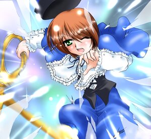 Rating: Safe Score: 0 Tags: 1girl blue_dress blush brown_hair dress frills green_eyes holding image long_sleeves motion_blur open_mouth short_hair solo souseiseki torn_clothes User: admin