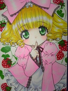 Rating: Safe Score: 0 Tags: 1girl apple blonde_hair bow cherry dress drill_hair finger_to_mouth food food_print frills fruit grapes green_eyes hina_ichigo hinaichigo holding_fruit image juliet_sleeves leaf long_sleeves looking_at_viewer object_namesake pastel_(medium) pink_bow pink_dress puffy_sleeves shikishi short_hair solo strawberry strawberry_hair_ornament strawberry_print tomato traditional_media watermelon User: admin