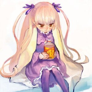 Rating: Safe Score: 0 Tags: 1girl bangs barasuishou blonde_hair blush dress frills hair_ribbon holding image long_hair long_sleeves pantyhose purple_dress ribbon sitting solo very_long_hair yellow_eyes User: admin