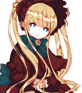 Rating: Safe Score: 0 Tags: 1girl bangs blonde_hair blue_eyes bonnet bow closed_mouth dress eyebrows_visible_through_hair flower green_bow image long_hair long_sleeves looking_at_viewer pink_rose rose shinku simple_background solo twintails upper_body very_long_hair white_background User: admin