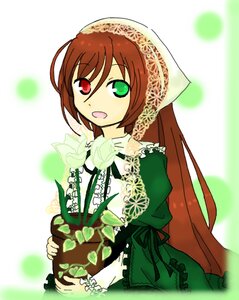 Rating: Safe Score: 0 Tags: 1girl :d brown_hair dress food frills green_dress green_eyes head_scarf heterochromia holding image long_hair long_sleeves looking_at_viewer open_mouth red_eyes smile solo suiseiseki very_long_hair watering_can User: admin