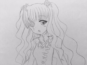 Rating: Safe Score: 0 Tags: 1girl blush dress flower greyscale hair_flower hair_ornament image kirakishou long_hair looking_at_viewer monochrome rose simple_background solo traditional_media upper_body wavy_hair User: admin