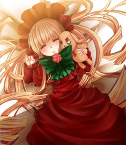 Rating: Safe Score: 0 Tags: 1girl blonde_hair blush bow closed_eyes dress drill_hair flower image long_hair long_sleeves lying on_back rose shinku solo twintails very_long_hair User: admin