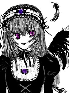 Rating: Safe Score: 0 Tags: 1girl auto_tagged black_wings dress feathers flower frills hairband image lolita_hairband long_hair long_sleeves looking_at_viewer purple_eyes rose simple_background smile solo suigintou upper_body white_background wings User: admin