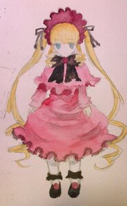 Rating: Safe Score: 0 Tags: 1girl black_footwear blonde_hair blue_eyes bow bowtie dress full_body image long_hair long_sleeves looking_at_viewer red_dress shinku shoes simple_background solo standing twintails very_long_hair User: admin