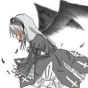 Rating: Safe Score: 0 Tags: 1girl black_wings dress feathers frills hairband image long_hair long_sleeves monochrome solo standing suigintou wings User: admin