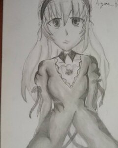 Rating: Safe Score: 0 Tags: 1girl choker closed_mouth detached_collar dress flower frills greyscale hairband image long_hair long_sleeves looking_at_viewer monochrome photo rose simple_background solo suigintou traditional_media User: admin