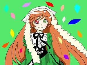 Rating: Safe Score: 0 Tags: 1girl black_ribbon brown_hair confetti dress frills green_background green_eyes heterochromia image long_hair long_sleeves looking_at_viewer petals red_eyes ribbon simple_background smile solo suiseiseki very_long_hair User: admin