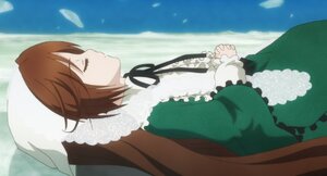 Rating: Safe Score: 0 Tags: 1girl black_ribbon brown_hair closed_eyes closed_mouth dress from_side green_dress hands_clasped head_scarf image long_hair long_sleeves own_hands_together praying profile ribbon solo suiseiseki very_long_hair User: admin