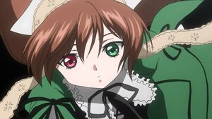 Rating: Safe Score: 0 Tags: 1girl :o black_ribbon brown_hair dress frills green_dress green_eyes hat image long_sleeves looking_at_viewer red_eyes ribbon simple_background solo suiseiseki User: admin