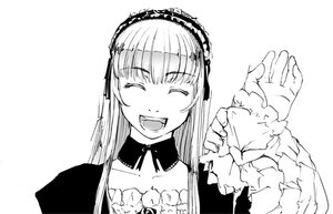 Rating: Safe Score: 0 Tags: 1girl :d blush closed_eyes frills greyscale hairband holding image long_hair long_sleeves monochrome open_mouth simple_background smile solo suigintou upper_body white_background User: admin