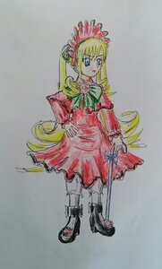 Rating: Safe Score: 0 Tags: 1girl black_footwear blonde_hair blue_eyes bonnet bow bowtie dress flower full_body green_bow green_neckwear image long_hair long_sleeves photo red_capelet red_dress shinku shoes sidelocks simple_background solo standing traditional_media twintails very_long_hair User: admin