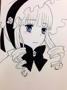 Rating: Safe Score: 0 Tags: 1girl bangs blue_eyes blunt_bangs blush bow bowtie closed_mouth drill_hair eyebrows_visible_through_hair flower hat image long_hair looking_at_viewer monochrome portrait ringlets shinku simple_background solo traditional_media twin_drills twintails User: admin