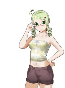 Rating: Safe Score: 0 Tags: 1girl adjusting_eyewear ahoge bare_shoulders blonde_hair camisole drill_hair glasses green_eyes green_hair hair_ornament hairclip hand_on_hip image kanaria midriff navel shorts solo strapless twin_drills twintails User: admin