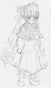 Rating: Safe Score: 0 Tags: 1girl dress full_body greyscale image long_hair long_sleeves looking_at_viewer monochrome shinku sketch solo standing very_long_hair User: admin