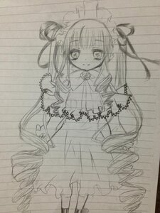 Rating: Safe Score: 0 Tags: 1girl dress image long_hair looking_at_viewer monochrome shinku sketch smile solo traditional_media twintails very_long_hair User: admin