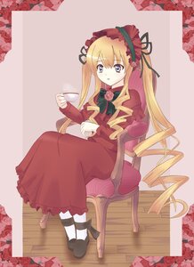 Rating: Safe Score: 0 Tags: 1girl blonde_hair blue_eyes bonnet bow bowtie capelet chair cup dress drill_hair flower full_body holding_cup image long_hair long_sleeves looking_at_viewer pink_flower pink_rose red_dress red_flower rose shinku shoes sitting solo teacup very_long_hair User: admin
