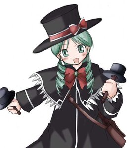 Rating: Safe Score: 0 Tags: 1girl bow bowtie capelet dress drill_hair green_eyes green_hair hat holding image kanaria long_sleeves magician open_mouth ribbon smile solo top_hat twin_drills User: admin