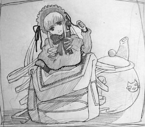 Rating: Safe Score: 0 Tags: 1girl dress frills greyscale image long_hair long_sleeves looking_at_viewer monochrome shinku sitting solo traditional_media User: admin