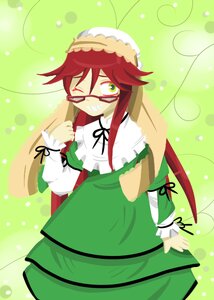 Rating: Safe Score: 0 Tags: 1girl dress glasses green_eyes hairband image long_hair long_sleeves one_eye_closed polka_dot red_hair ribbon solo suiseiseki umbrella User: admin