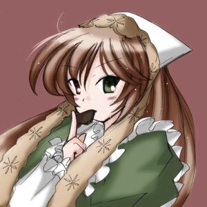 Rating: Safe Score: 0 Tags: 1girl brown_hair dress finger_to_mouth frills green_dress green_eyes image index_finger_raised long_hair long_sleeves simple_background solo suiseiseki upper_body User: admin