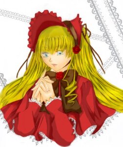 Rating: Safe Score: 0 Tags: 1girl blonde_hair blue_eyes bonnet bow bowtie dress drill_hair flower image long_hair long_sleeves red_dress rose shinku solo upper_body User: admin