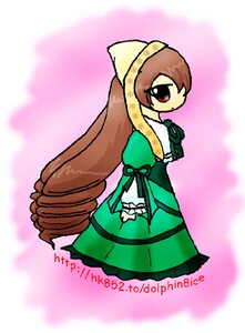 Rating: Safe Score: 0 Tags: 1girl brown_hair chibi dress gloves green_dress image long_hair long_sleeves red_eyes solo standing suiseiseki very_long_hair User: admin