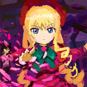 Rating: Safe Score: 0 Tags: 1girl blonde_hair blue_eyes bonnet bow bowtie dress flower green_bow hat image long_hair long_sleeves looking_at_viewer red_dress rose shinku solo User: admin