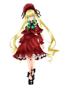 Rating: Safe Score: 0 Tags: 1girl black_footwear blonde_hair blue_eyes blush bonnet bow bowtie capelet dress drill_hair full_body green_bow image long_hair long_sleeves looking_at_viewer red_dress shinku shoes simple_background solo standing twintails very_long_hair white_background User: admin
