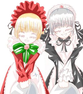 Rating: Safe Score: 0 Tags: 2girls blonde_hair bow closed_eyes dress flower frills grin image long_hair long_sleeves multiple_girls pair pink_bow rose shinku silver_hair simple_background smile suigintou twintails white_background User: admin