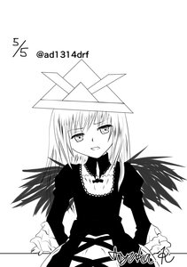 Rating: Safe Score: 0 Tags: 1girl dress greyscale image juliet_sleeves long_sleeves looking_at_viewer monochrome simple_background solo striped suigintou white_background wings User: admin